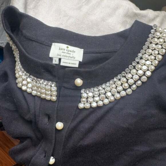 Kate Spade Pearl Crystal Rhinestone Beaded Preppy Cotton Cardigan Sweater Crew L - Picture 8 of 16